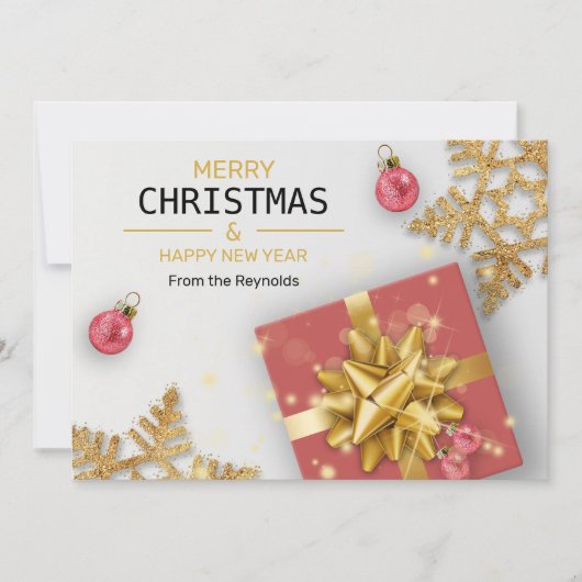 Weihnachtsbälle Rote Geschenkboxen Gold Schneefloc Feiertagskarte (Vorderseite)