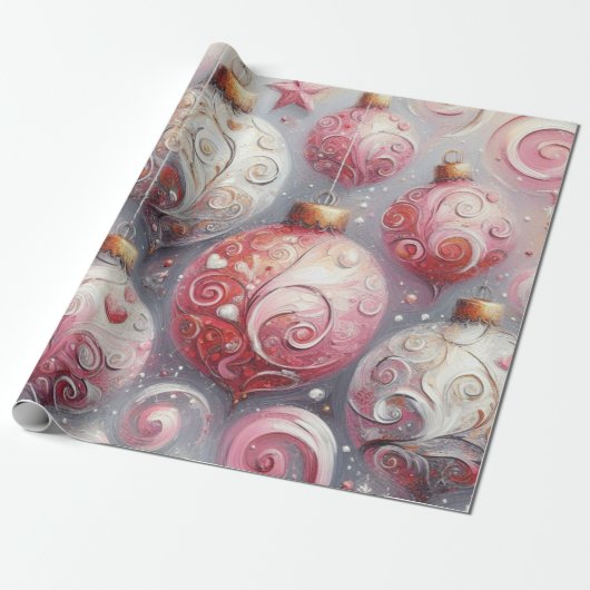 Weihnachtsbälle Whimsical Wirbel Pink White Gray Geschenkpapier (Ungerollt)