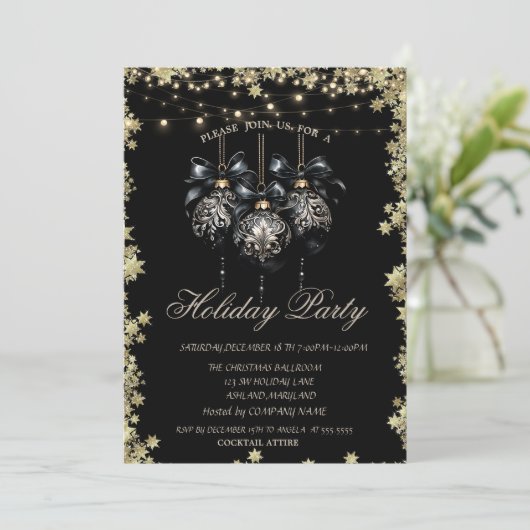 Weihnachtsballs Gold Stars Schwarzer Feiertag Einladung (Stehend Vorderseite)