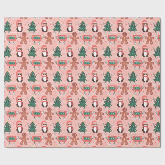 Weihnachtsbänder, Bäume, Pinguine und Ingwer Geschenkpapier (Flach)
