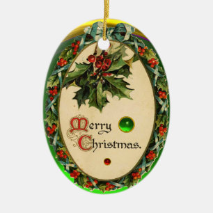 WEIHNACHTSBANJO MIT MISTELZWEIGEN UND STECHPALMENB KERAMIKORNAMENT