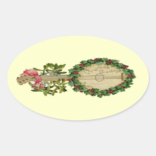 WEIHNACHTSBANJO MIT MISTELZWEIGEN UND STECHPALMENB OVALER AUFKLEBER