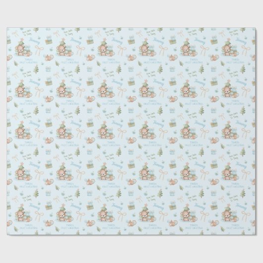 Weihnachtsbär Boy Blauer Name Text Weihnachten Geschenkpapier (Flach)