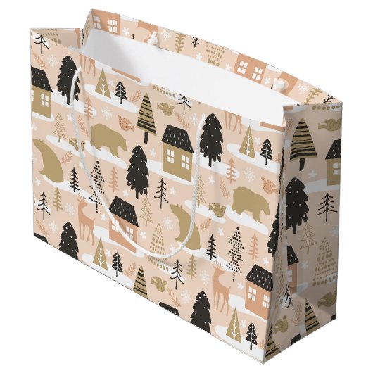 Weihnachtsbär Dorf Pink Black Gold Moderne Große Geschenktüte (Rückseite Schrägansicht)