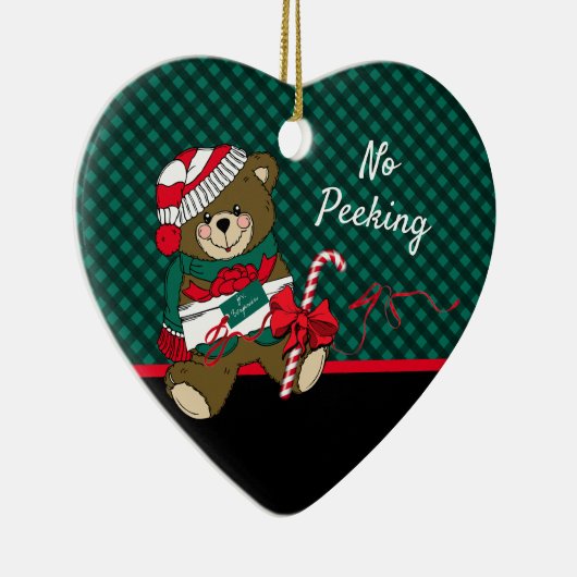 Weihnachtsbär Grün Kariert No Peeking Personalisie Keramik Ornament (Rechts)