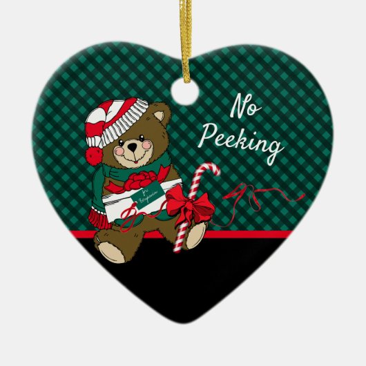 Weihnachtsbär Grün Kariert No Peeking Personalisie Keramik Ornament (Vorne)