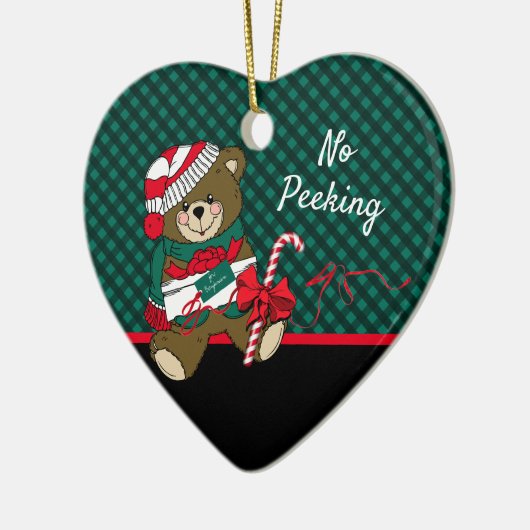 Weihnachtsbär Grün Kariert No Peeking Personalisie Keramik Ornament (Links)