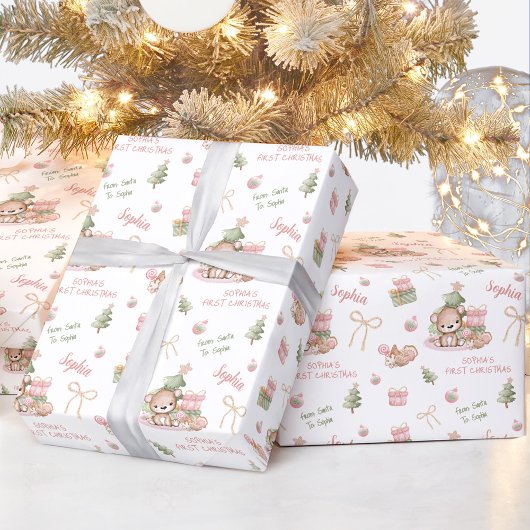 Weihnachtsbär Mädchen Rosa Name Text Weihnachten Geschenkpapier