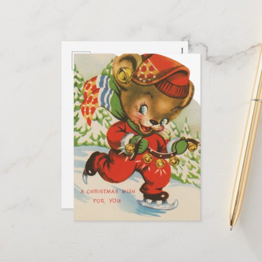 Weihnachtsbär mit festlichem Retro-Retro Feiertagspostkarte (Vorderseite/Rückseite Beispiel)