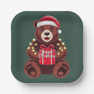 Weihnachtsbär mit Geschenk und Licht Pappteller