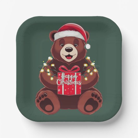 Weihnachtsbär mit Geschenk und Licht Pappteller (Vorderseite)
