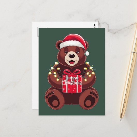 Weihnachtsbär mit Geschenk und Licht Postkarte (Vorderseite/Rückseite Beispiel)