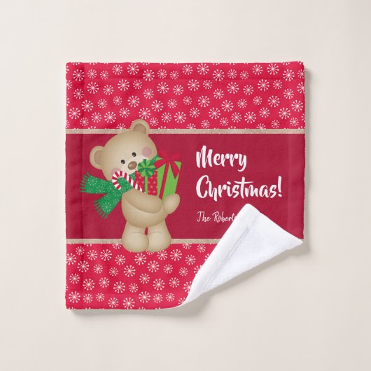 Weihnachtsbär mit Geschenk und Schneeflocken, rot Badhandtuch Set (Waschlappen)