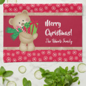 Weihnachtsbär mit Geschenk und Schneeflocken, rot Geschirrtuch (Gefaltet)