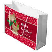 Weihnachtsbär mit Geschenk und Schneeflocken, rot Große Geschenktüte (Vorderseite Schrägansicht)