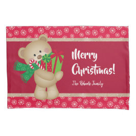 Weihnachtsbär mit Geschenk und Schneeflocken, rot Kissenbezug