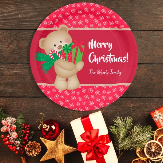Weihnachtsbär mit Geschenk und Schneeflocken, rot Pappteller