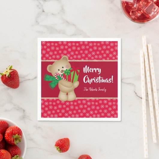 Weihnachtsbär mit Geschenk und Schneeflocken, rot Serviette (Beispiel)