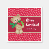 Weihnachtsbär mit Geschenk und Schneeflocken, rot Serviette (Vorderseite)