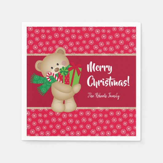Weihnachtsbär mit Geschenk und Schneeflocken, rot Serviette (Vorderseite)