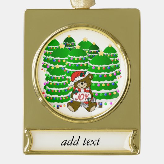 Weihnachtsbär mit JOY Sign und Weihnachtsbäumen Banner-Ornament Gold (Vorderseite)