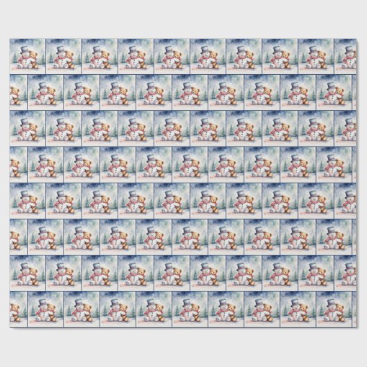 Weihnachtsbär mit Schneemann Geschenkpapier (Flach)