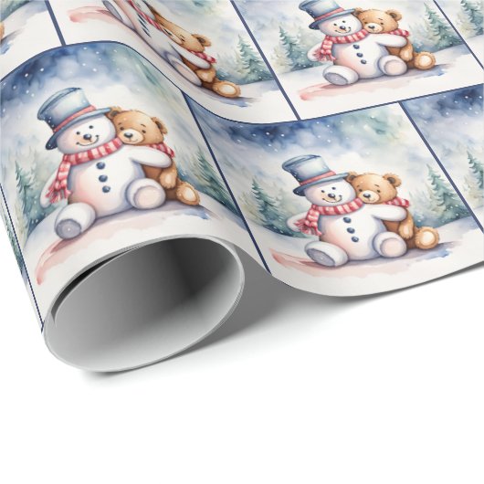 Weihnachtsbär mit Schneemann Geschenkpapier (Rolleneckpunkt)