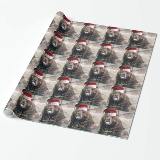 Weihnachtsbär mit Weihnachtsmannmütze Geschenkpapier (Ungerollt)