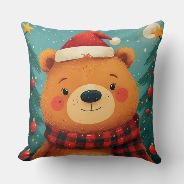 Weihnachtsbär mit Weihnachtsmannmütze Kissen (Vorderseite)