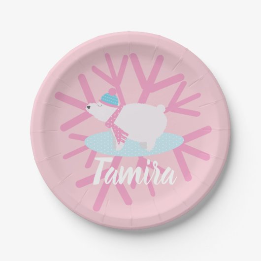 Weihnachtsbär Party Schneeflocken Pappteller (Vorderseite)