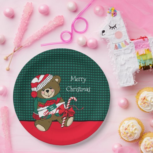 Weihnachtsbär Rot und Grün Karierte Kinder Tisch Pappteller (Party)