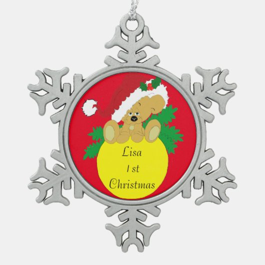 Weihnachtsbär Schneeflocken Zinn-Ornament (Vorderseite)
