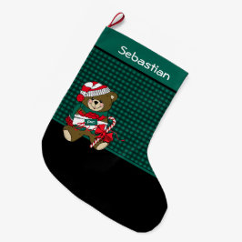 Weihnachtsbär Schwarz & Grün Kariert Personalisier Großer Weihnachtsstrumpf