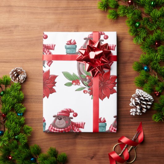 Weihnachtsbär und Poinsettia Geschenkpapier (Feiertagsgeschenk)