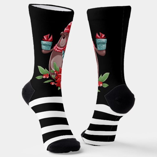 Weihnachtsbär und schwarze Streifen Socken (Gewinkelt)