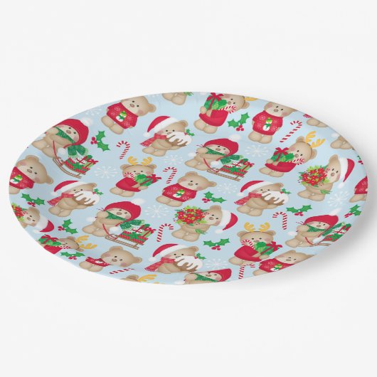 Weihnachtsbären in Rot und Grün Pappteller (Schrägansicht)