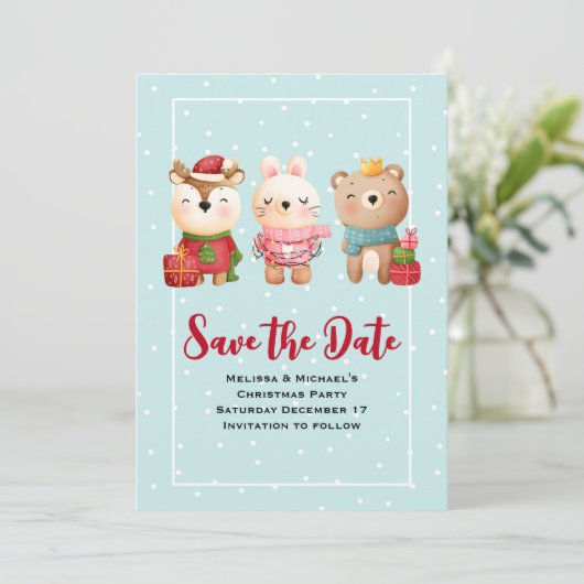 Weihnachtsbären und Kaninchen Save The Date (Stehend Vorderseite)