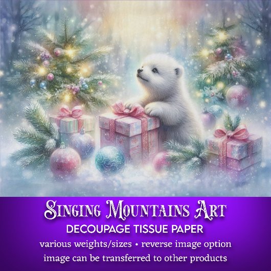 Weihnachtsbärenkuchen & Geschenke in Holz-Dekoupag Seidenpapier