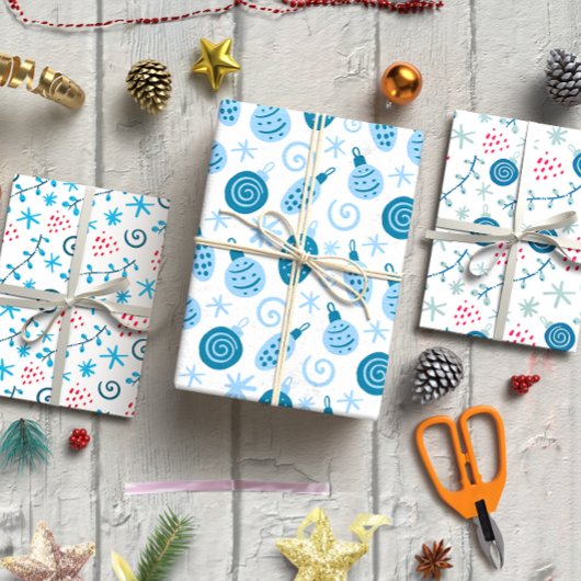 Weihnachtsbaubles blaues Set von 3 Geschenkpapier Set
