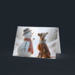 Weihnachtsbauer mit Snowman Karte<br><div class="desc">Ein Schneemann und ein irischer Setter-Hund,  der Schals trägt,  teilen sich einen Moment der Begleitung in einem schneebedeckten Wald</div>