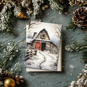 Weihnachtsbauernhaus mit Pferdestall Flachkarte Feiertagskarte