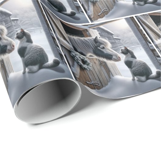 Weihnachtsbauernhof Pony und Katze Geschenkpapier (Rolleneckpunkt)