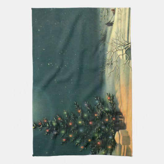 Weihnachtsbaum am Abend mit Lichtern Geschirrtuch (Vertikal)
