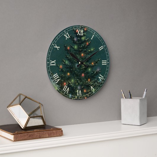 Weihnachtsbaum am Abend mit Lichtern Große Wanduhr (Büro)