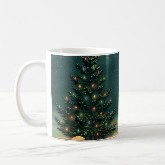 Weihnachtsbaum am Abend mit Lichtern Kaffeetasse (Links)