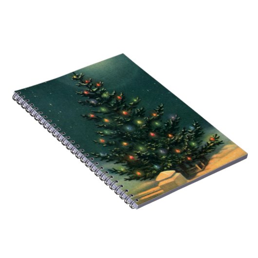 Weihnachtsbaum am Abend mit Lichtern Notizblock (Rechte Seite)