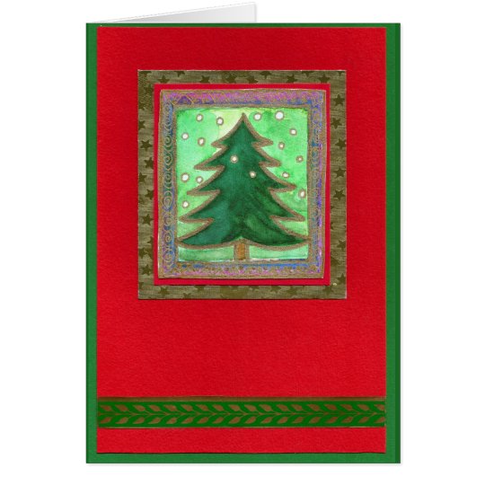 WEIHNACHTSBAUM-AQUARELL-COLLAGE-KARTE Grün auf Rot Karte