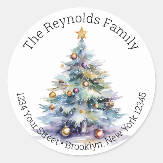 Weihnachtsbaum - Aquarellfarben-Rücksendeadressen- Runder Aufkleber (Vorderseite)