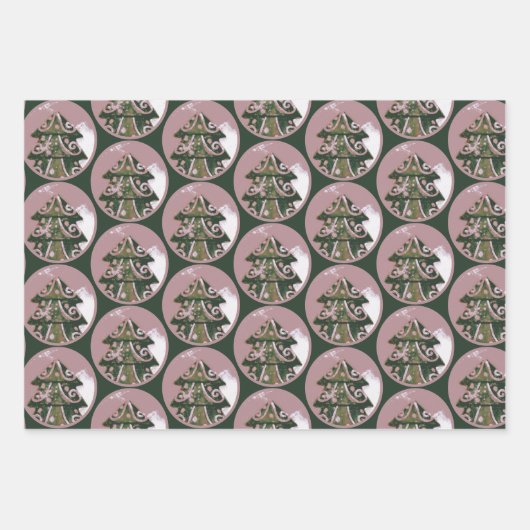 Weihnachtsbaum Artistic Green Pink Merry Script Geschenkpapier Set (Vorderseite 2)