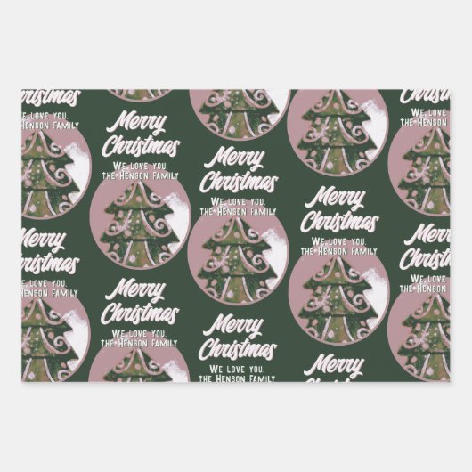 Weihnachtsbaum Artistic Green Pink Merry Script Geschenkpapier Set (Vorderseite)